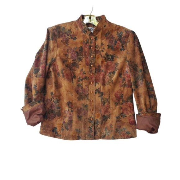 Leather Suede Jacket Cottagecore Romantic Floral Snap Down Vintage - Picture 3 of 16